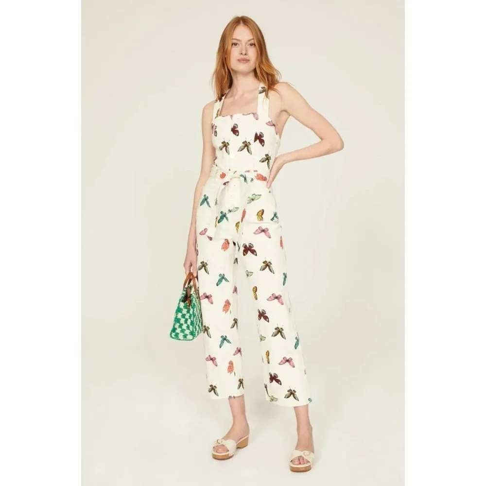Rachel Antonoff Clem Butterfly Jumpsuit 6 White Wide Leg Denim Utility Belted